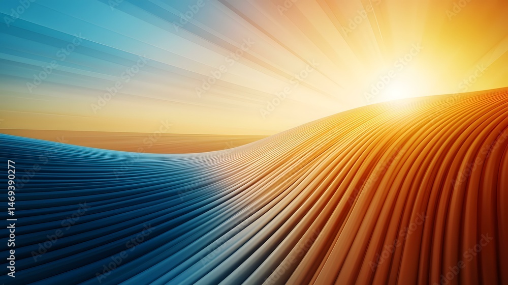 Poster the image shows an abstract landscape with a sun rising in the background. the foreground is compose