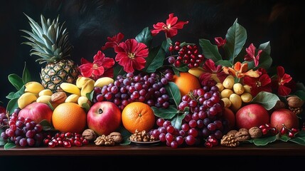 Vibrant Display of Fresh Fruits and Colorful Flowers on a Dark Background with Nuts and Leaves