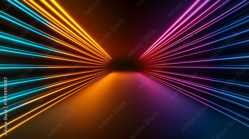 Poster the image contains a dark background with vibrant neon lines converging towards a central vanishing 