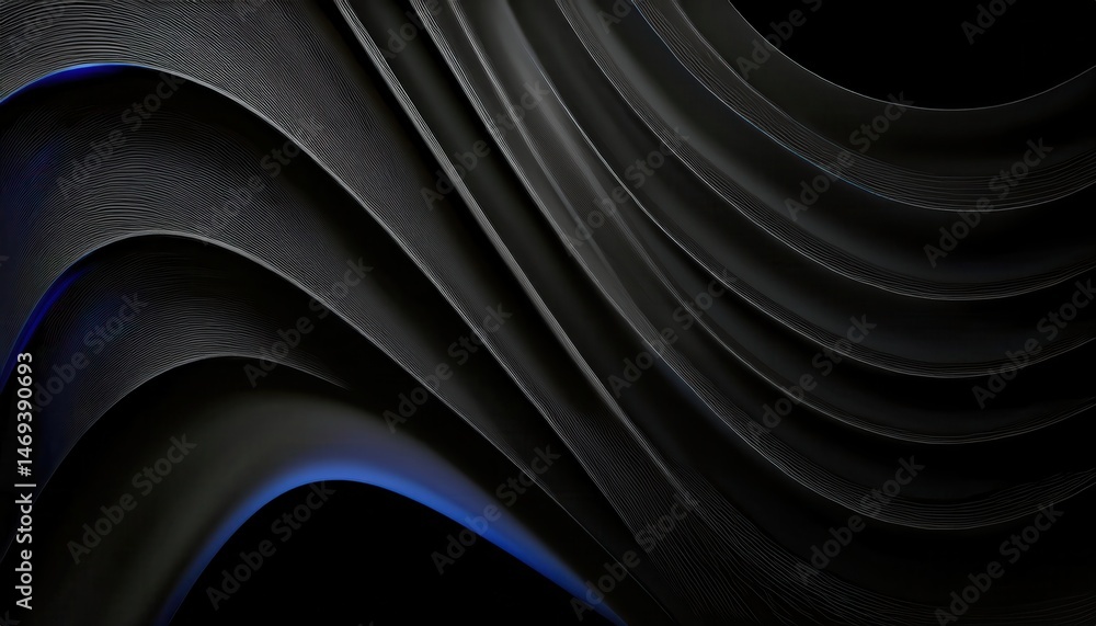 Poster  flowing black and blue abstract wave pattern with layered contours for modern web design, branding, or high tech print background