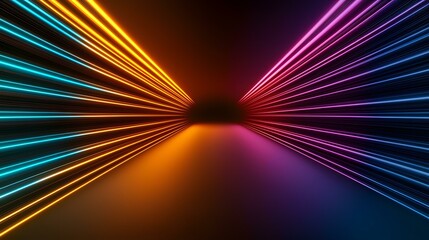 The image contains a dark background with vibrant neon lines converging towards a central vanishing point.  The lines are colored in shades of blue, orange, and purple, creating a dynamic and energet
