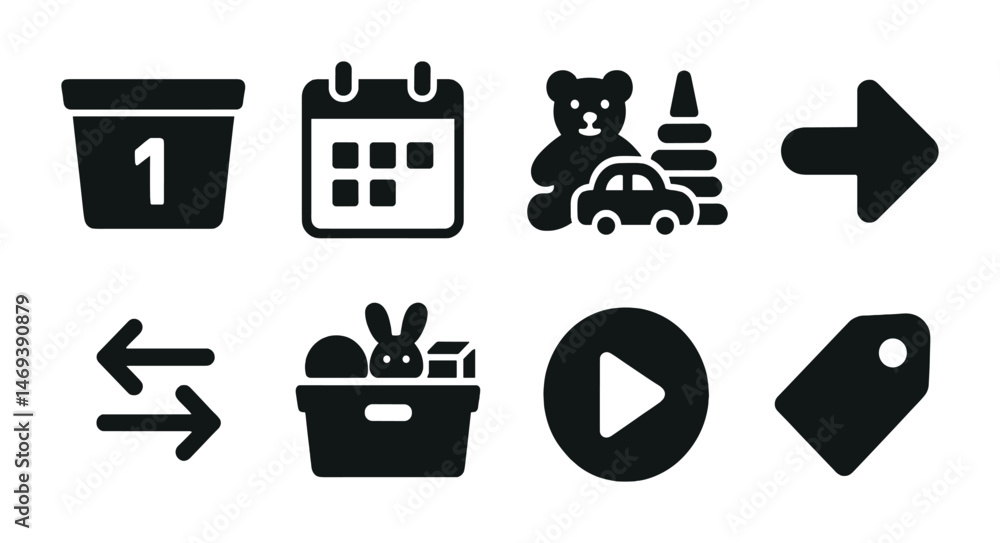 Poster organizational solid icons set – neat, tidy, storage and scheduling symbols