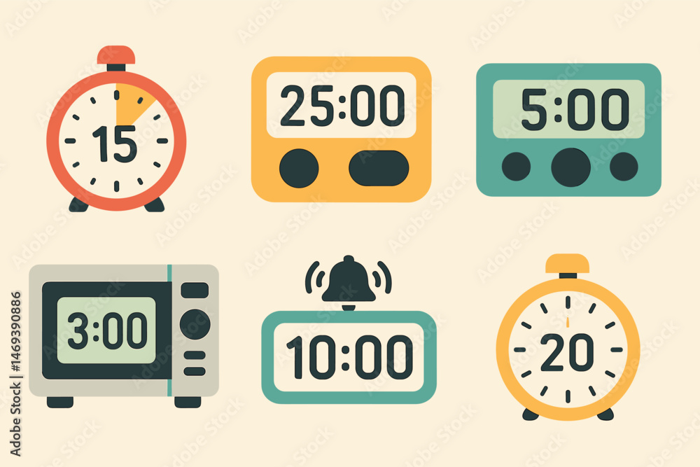 Poster time and alarm clock icons set – flat, filled, countdown and timer symbols