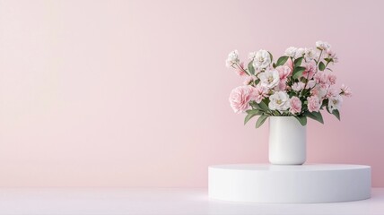 Elegant Floral Bouquet on Pedestal Against Pink Background floral bouquet pink pedestal elegant vase