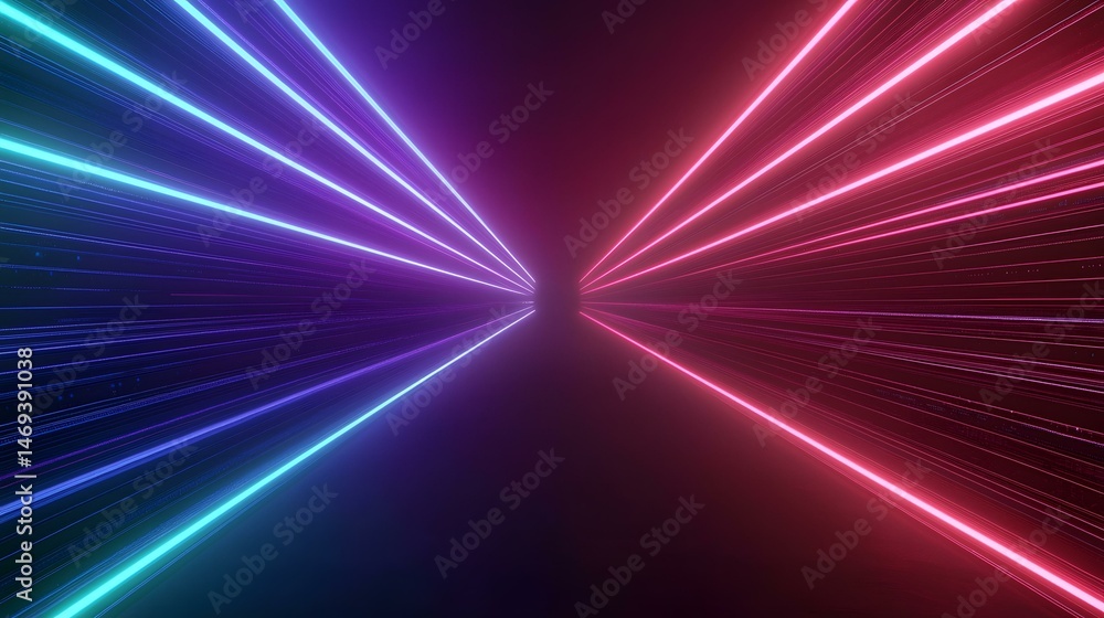 Poster the image contains vibrant pink and teal neon lights forming converging lines that create a futurist