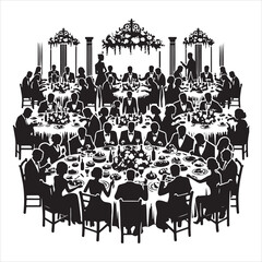 Naklejka premium Celebratory Wedding Banquet Silhouettes Guests Eating and Mingling , black colour vactor 