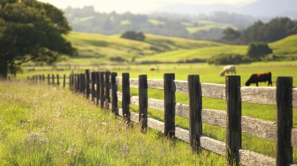 A rustic wooden fence bordering a pasture where cows graze peacefully,