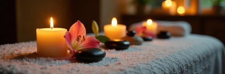 Burning candles illuminate lilies and stones on a massage table in a spa , meditation, selfcare, center