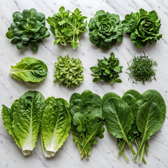 Obraz premium Green Vegetables and Fruits Flat Lay on White Background