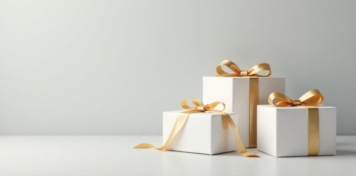 Elegant white gift boxes with cascading gold ribbon on a light grey backdrop , celebration, ribbon, present