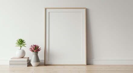 Fototapeta premium Picture frame with plants and books indoor