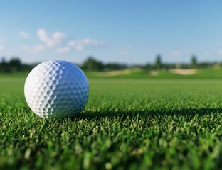 Obraz premium Golf ball on a green fairway under a clear sky. Close-up of a white golf ball resting on lush green grass with a blurred background of golf course