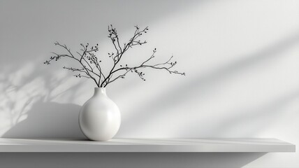Minimalist White Vase with Bare Branches and Sunlight Shadows on Shelf minimalist white vase shelf