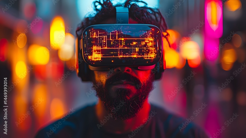 Aufkleber inventor holding an experimental vr headset surrounded by holographic design concepts in a tech lab