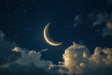 Fototapeta premium Crescent moon, night sky, clouds, stars. A beautiful night scene with a crescent moon, stars, and fluffy clouds