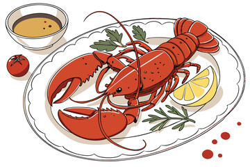 9 Photorealistic plate of lobster, gourmet seafood presentation, ornate white ceramic dish, lemon wedges, cherry tomato, fresh herbs, colorful sauces, vibrant food photography, top-down view, intricat