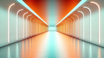 A sleek, modern hallway featuring vibrant neon lighting in orange and blue tones, creating a visually stunning and immersive spatial experience for viewers.