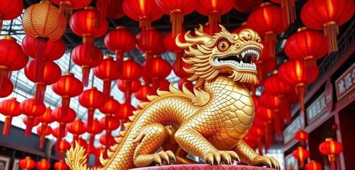 Obraz premium Ornate golden dragon statue amidst vibrant red lanterns, ample negative space, art, celebration