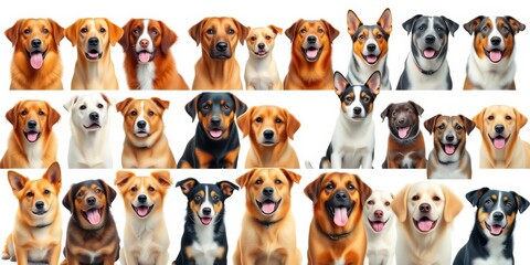 Panorama of diverse popular dog breeds, isolated on white background , fluffy, short-haired