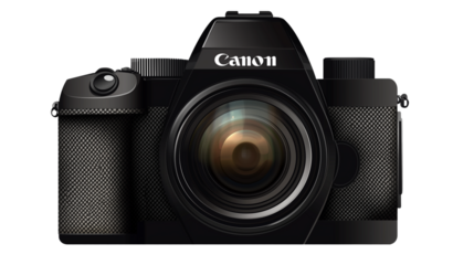 A set of sleek black digital camera icons with lens details in PNG, isolated on a transparent background