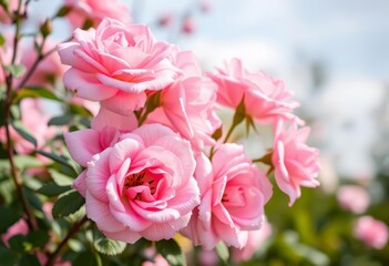 Pastel pink roses in soft focus, blooming delicately against a summery background, delightful, garden