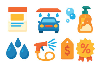 Car wash flat icons set – filled, clean, auto detailing symbols