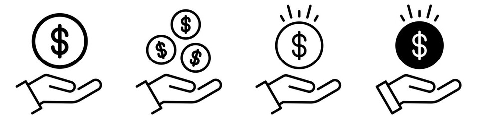 Hand Holding a Dollar Icon set. Donation symbol for web design and mobile app. Save Money line logo on white background. Vector illustration.