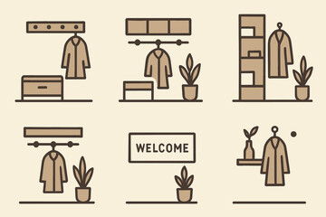 Home and decor line icons set – silhouette, filled, interior and furniture design