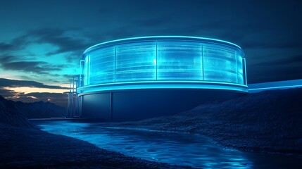 Futuristic data center with night landscape.