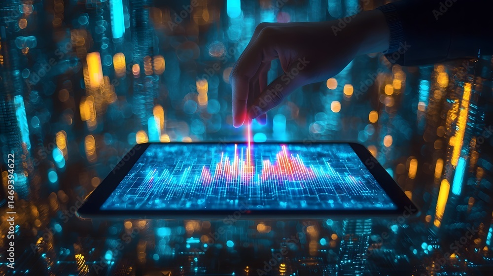Poster glowing business data graph projected from a hand held tablet