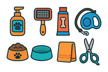 Pet care and grooming icons set – flat, silhouette, animal essentials