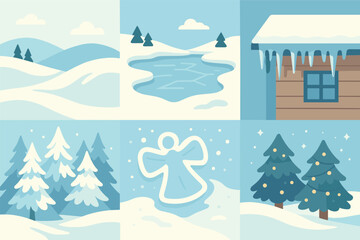 Winter wonderland flat icons set &ndash; snow, holiday, seasonal decorations