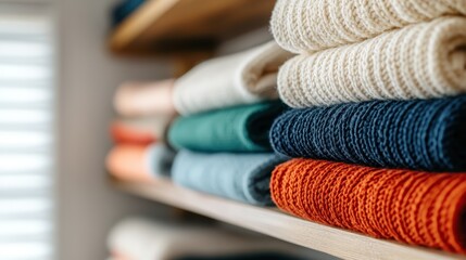 A stylish display of neatly folded and aligned towels in an array of soft colors invites a feeling of organization and sophistication, perfect for modern bathrooms or spas.