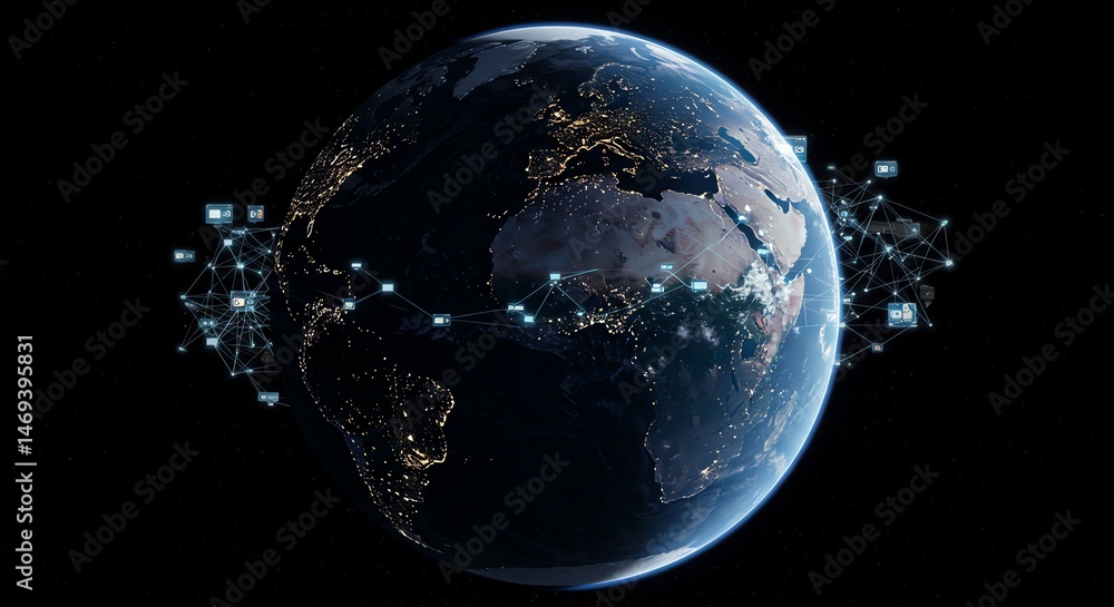 Aufkleber planet earth with global network nodes view