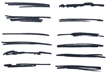 Set of black hand drawn marker pen stroke line transparent background design element doodle scribble underline