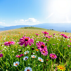 Obraz premium Vibrant Wildflower Field Under a Clear Summer Sky