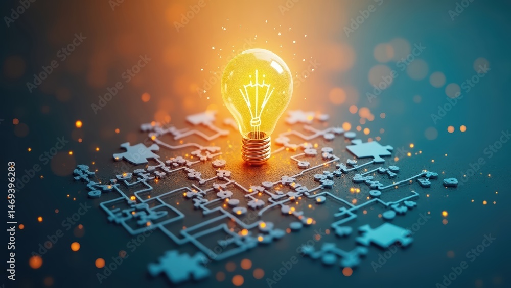Poster conceptual diagram featuring a glowing light bulb on a creative background