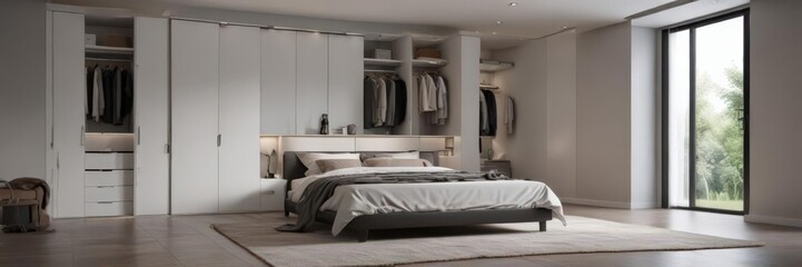 Sleek modern bedroom with walk-in closet; minimalist furniture , home staging, simple, real estate photography