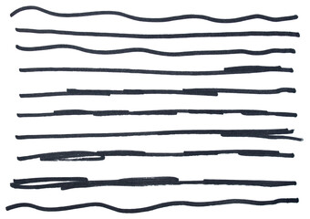 Set of black hand drawn marker pen stroke line transparent background design element doodle scribble underline