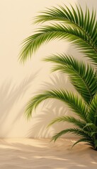 Palm Leaves and Shadow on Beige Wall