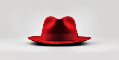 Red fedora hat on a plain background.  Detailed view of a vibrant red fedora, featuring a soft crown and a decorative band