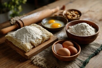 Rustic Bakery Scene: Flour, Pastry, and Eggs in Warm Lighting