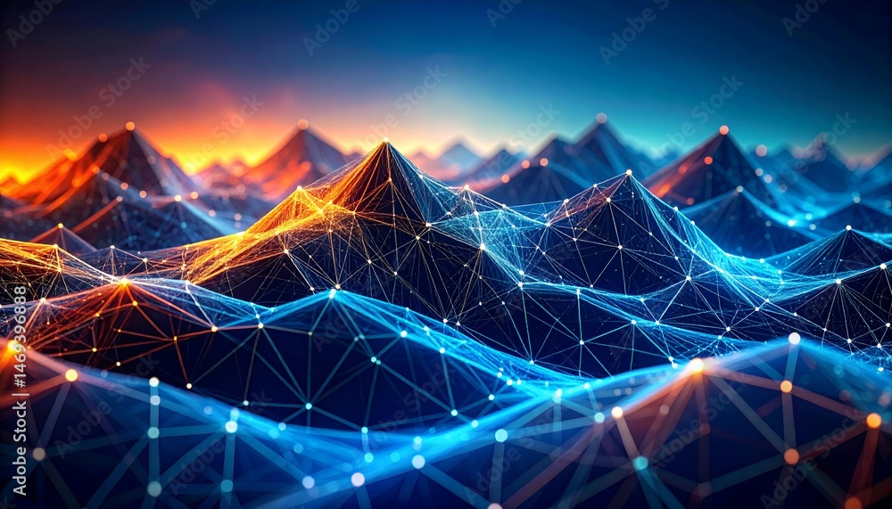 Poster peaks of light a digital mountain range interconnected by luminous data