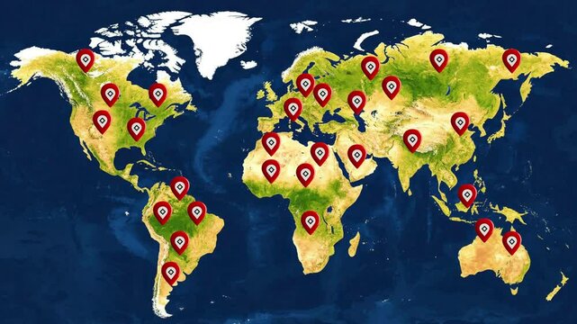 World map illustration, colorful, showing locations