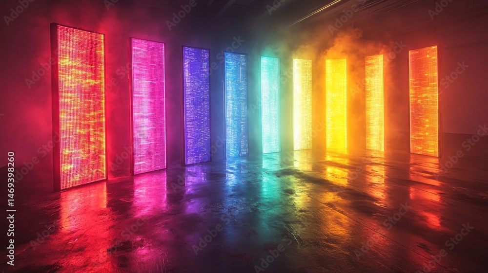 Poster vibrant abstract light installation with floor reflection abstract light vibrant reflection pattern