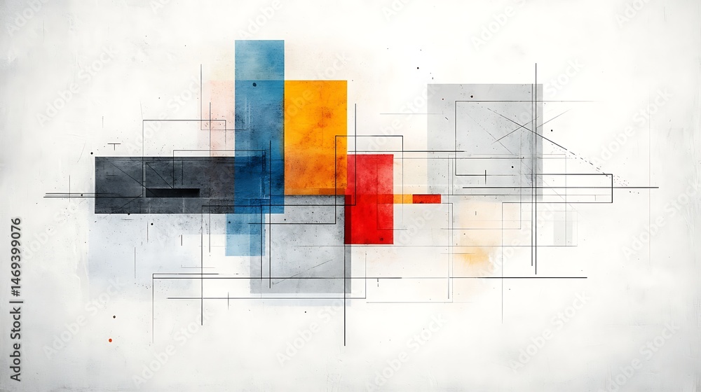 Poster abstract geometric shapes, various colors, overlapping lines and forms