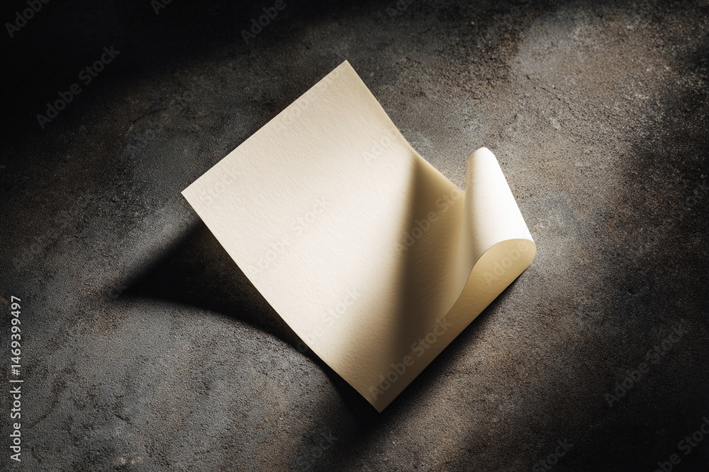 Poster beige paper sheet mockup on dark textured background, subtly curled at edge, showcasing blank space 