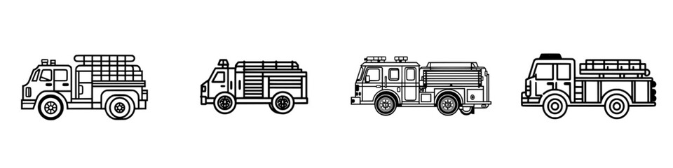 Varied collection of vector illustration icons of fire trucks in different designs and styles