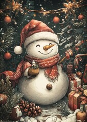 Cheerful Snowman with Christmas Decorations in Winter Wonderland