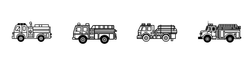 Vector illustration of various fire trucks showcasing diverse designs and features for emergency response situations